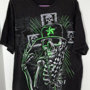 Skull Graphic Tee Men’s Large Skeleton Star Hat Green Neon Punk Style